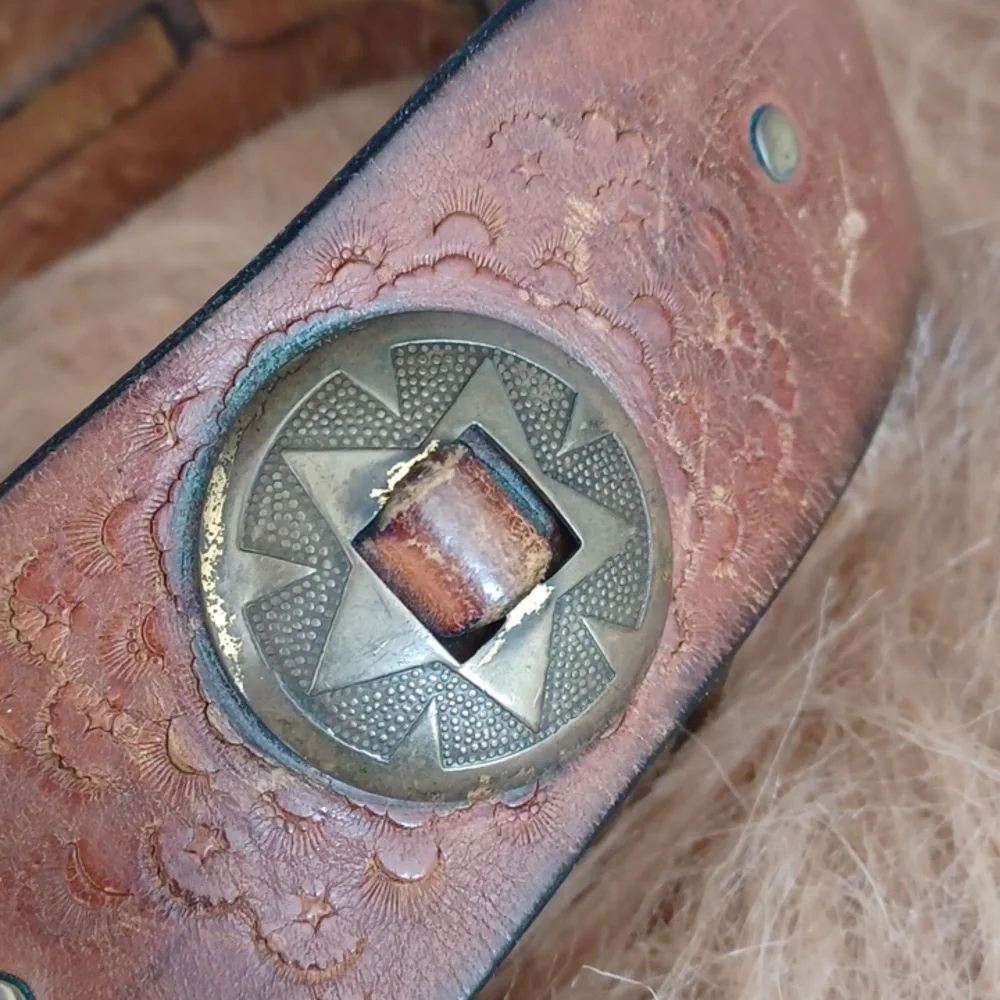 Vintage Chunky Distresed Brown Leather Belt with Brass Accents